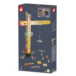 Janod                    Grande Grue en Bois - Grue Mobile - Hauteur 74 cm - 12 accessoires - Facile à manipuler    Jaune