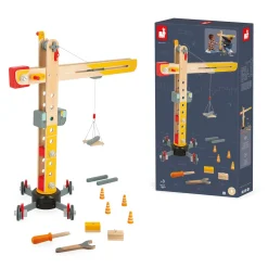 Janod                    Grande Grue en Bois - Grue Mobile - Hauteur 74 cm - 12 accessoires - Facile à manipuler    Jaune