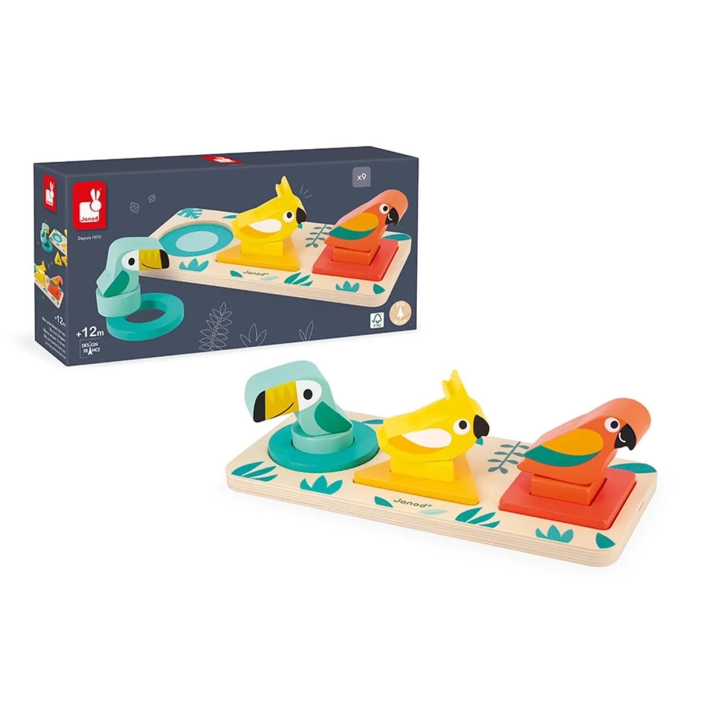Janod Jeu de formes à empiler Oiseaux tropicaux Multicolore