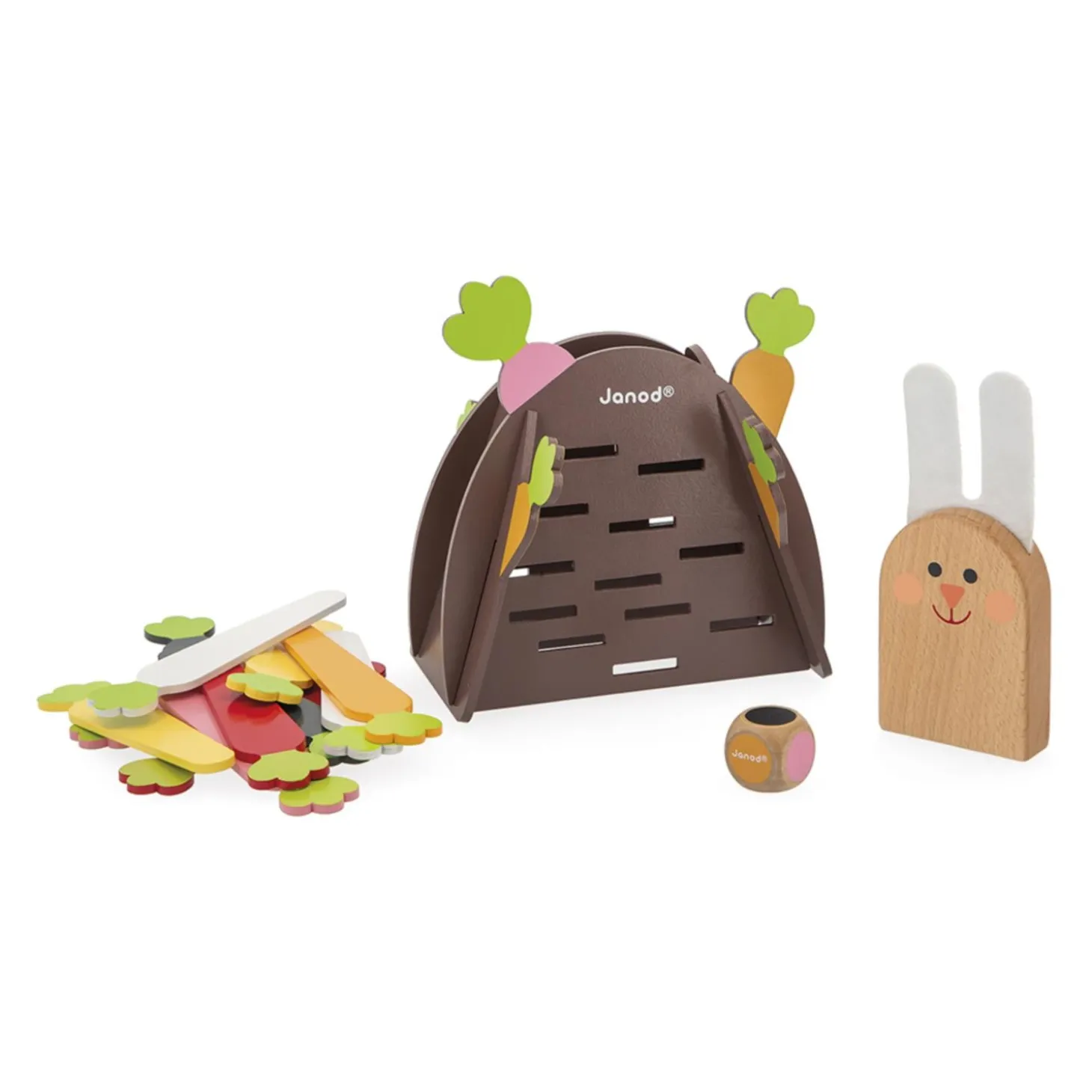 Janod Jeu de Stratégie - Magic Carrot - Thème du Lapin - 1 Lapin et 12 Carottes en Bois + 1 Terrier + 1 Dé Multicolore