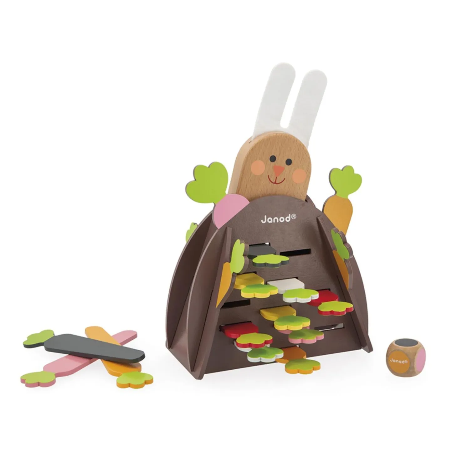 Janod Jeu de Stratégie - Magic Carrot - Thème du Lapin - 1 Lapin et 12 Carottes en Bois + 1 Terrier + 1 Dé Multicolore