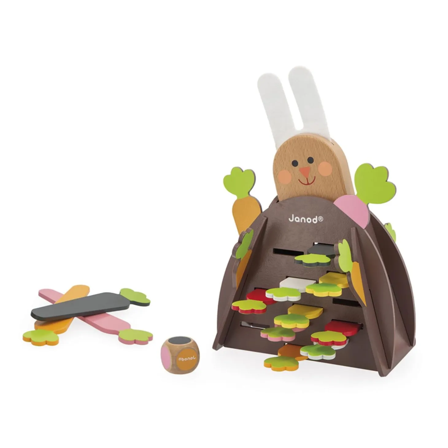 Janod Jeu de Stratégie - Magic Carrot - Thème du Lapin - 1 Lapin et 12 Carottes en Bois + 1 Terrier + 1 Dé Multicolore