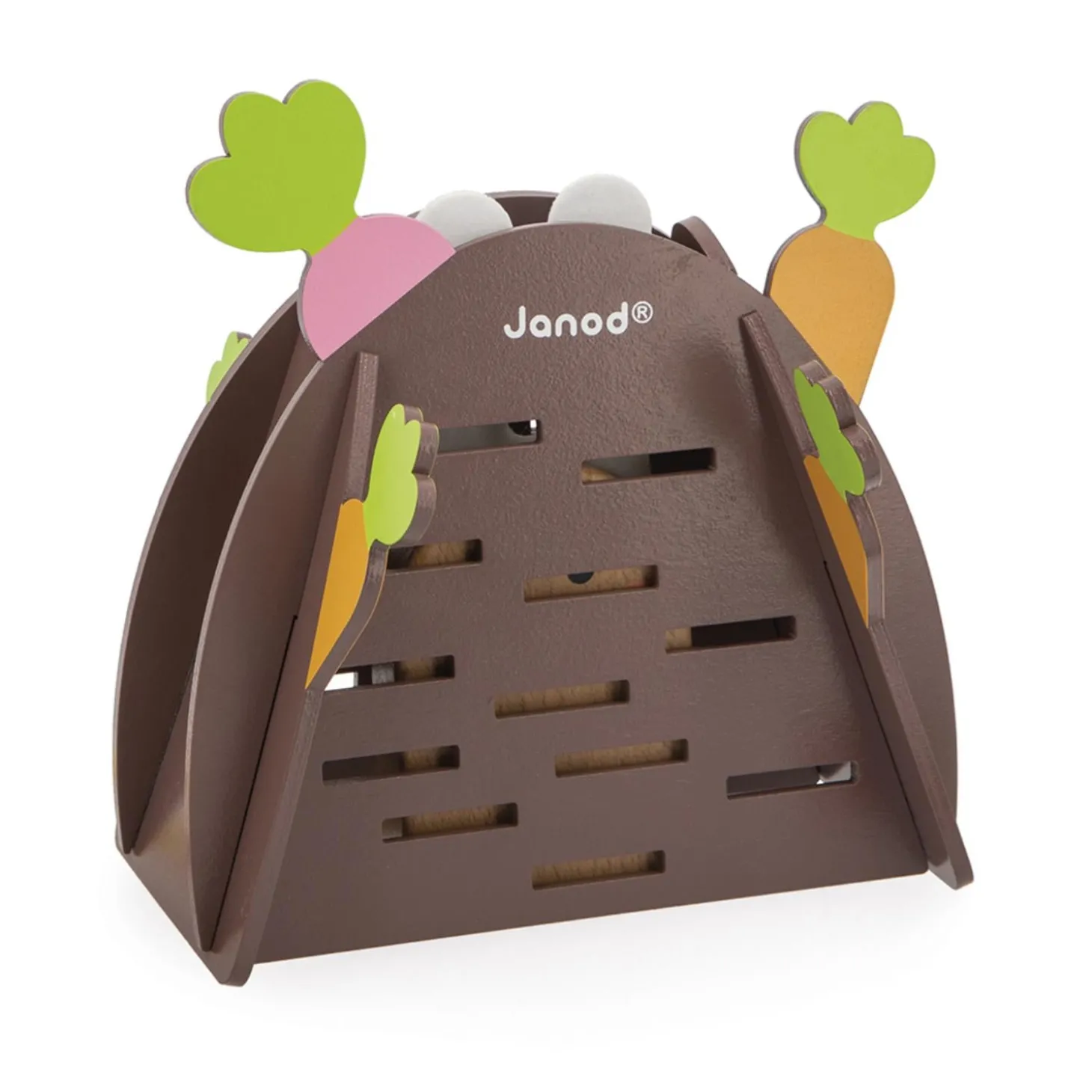 Janod Jeu de Stratégie - Magic Carrot - Thème du Lapin - 1 Lapin et 12 Carottes en Bois + 1 Terrier + 1 Dé Multicolore