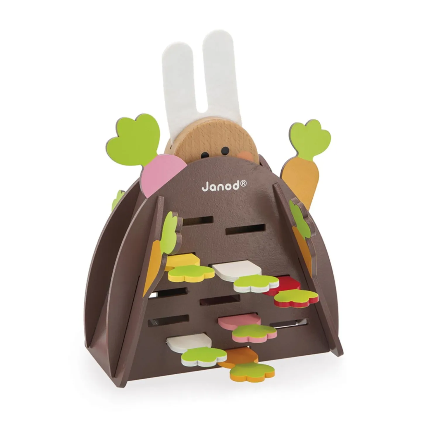 Janod Jeu de Stratégie - Magic Carrot - Thème du Lapin - 1 Lapin et 12 Carottes en Bois + 1 Terrier + 1 Dé Multicolore