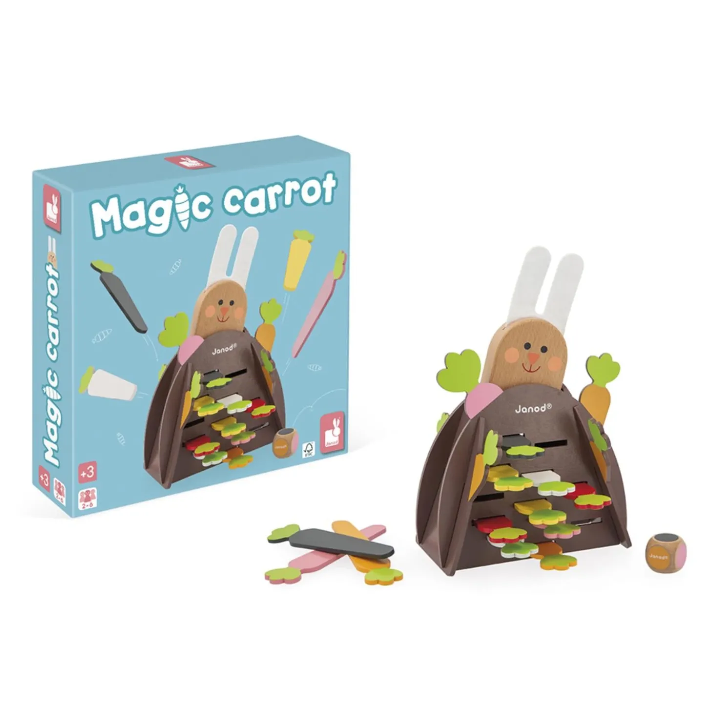 Janod Jeu de Stratégie - Magic Carrot - Thème du Lapin - 1 Lapin et 12 Carottes en Bois + 1 Terrier + 1 Dé Multicolore
