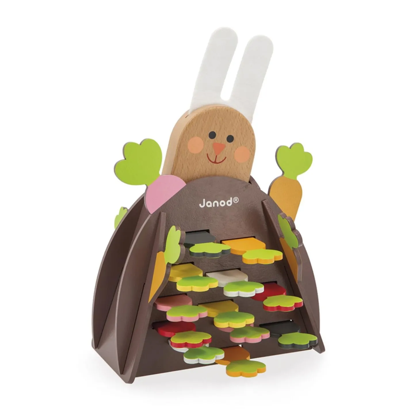 Janod Jeu de Stratégie - Magic Carrot - Thème du Lapin - 1 Lapin et 12 Carottes en Bois + 1 Terrier + 1 Dé Multicolore