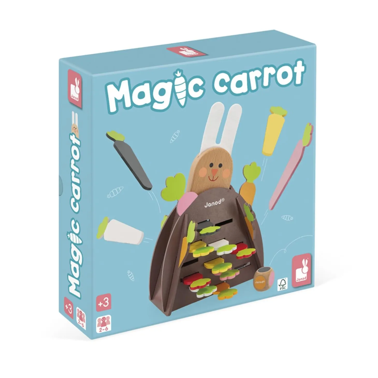 Janod Jeu de Stratégie - Magic Carrot - Thème du Lapin - 1 Lapin et 12 Carottes en Bois + 1 Terrier + 1 Dé Multicolore