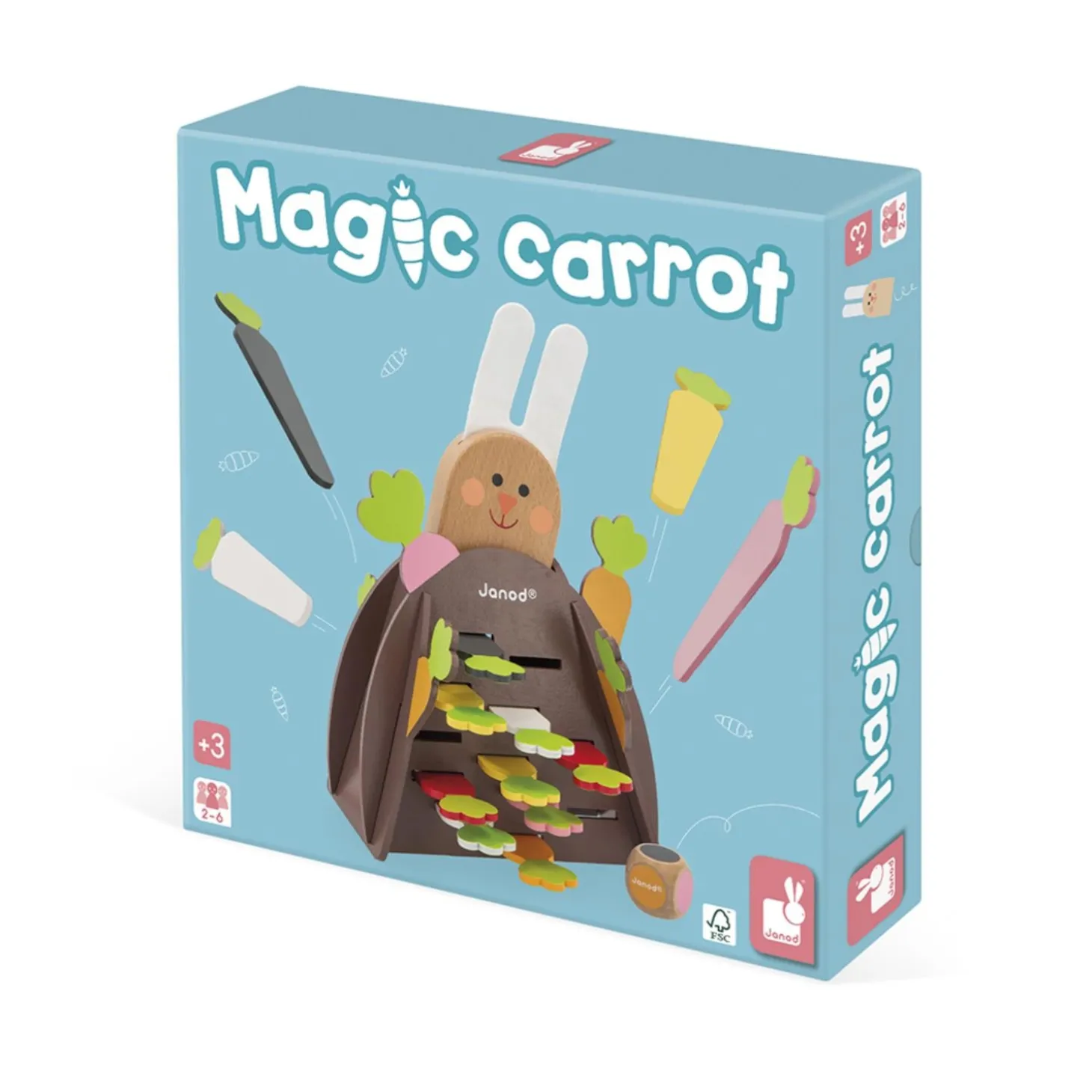 Janod Jeu de Stratégie - Magic Carrot - Thème du Lapin - 1 Lapin et 12 Carottes en Bois + 1 Terrier + 1 Dé Multicolore