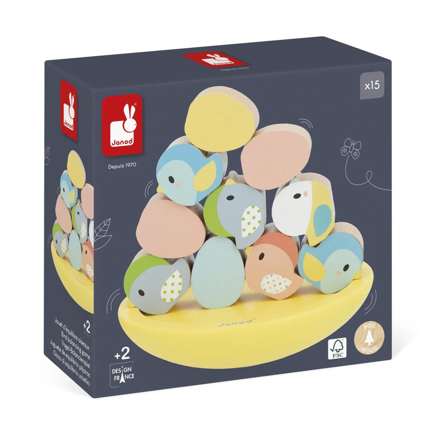 Janod Jeu d'équilibre Pure Oiseaux Multicolore