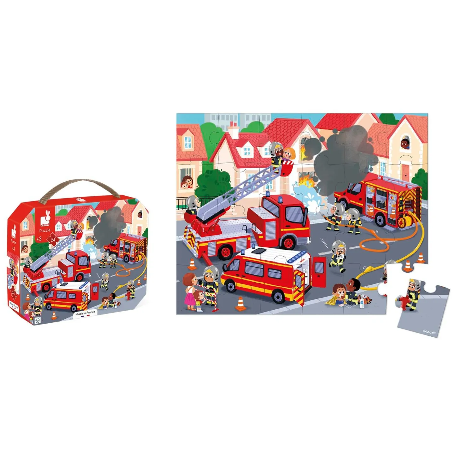 Janod Puzzle carton - Puzzle Pompiers - 24 Pièces - Développe la Patience et la Dextérité Rouge