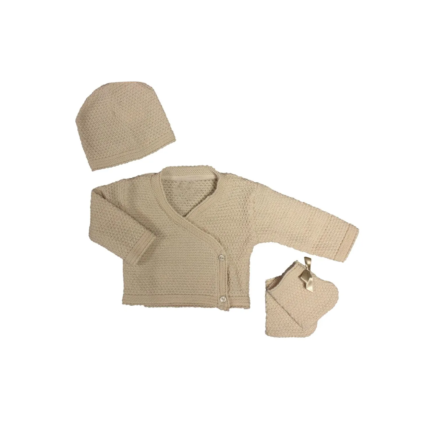 Les Chatounets Brassière + Bonnet et Chaussons tricot Ecru