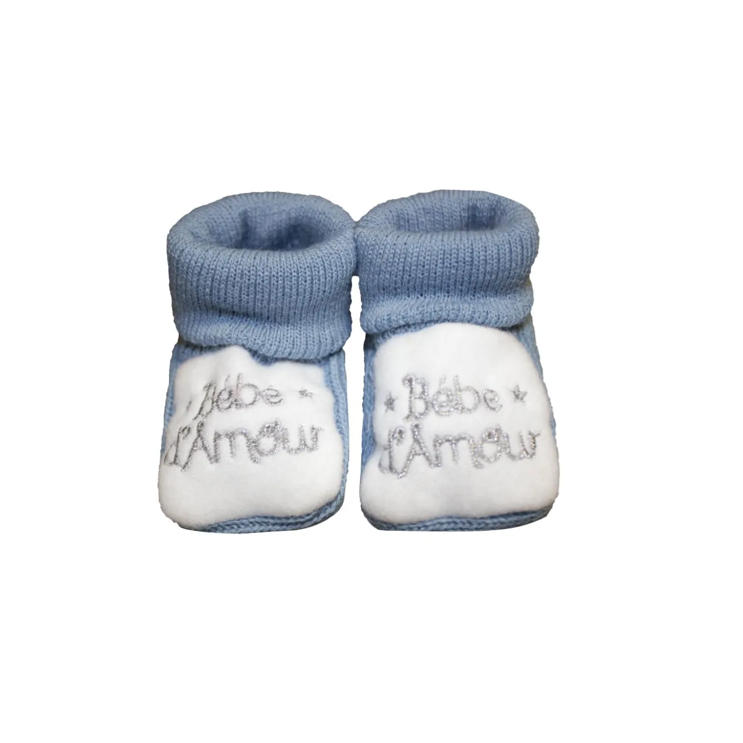 Les Chatounets Chaussons tricot Bleu denim Naissance