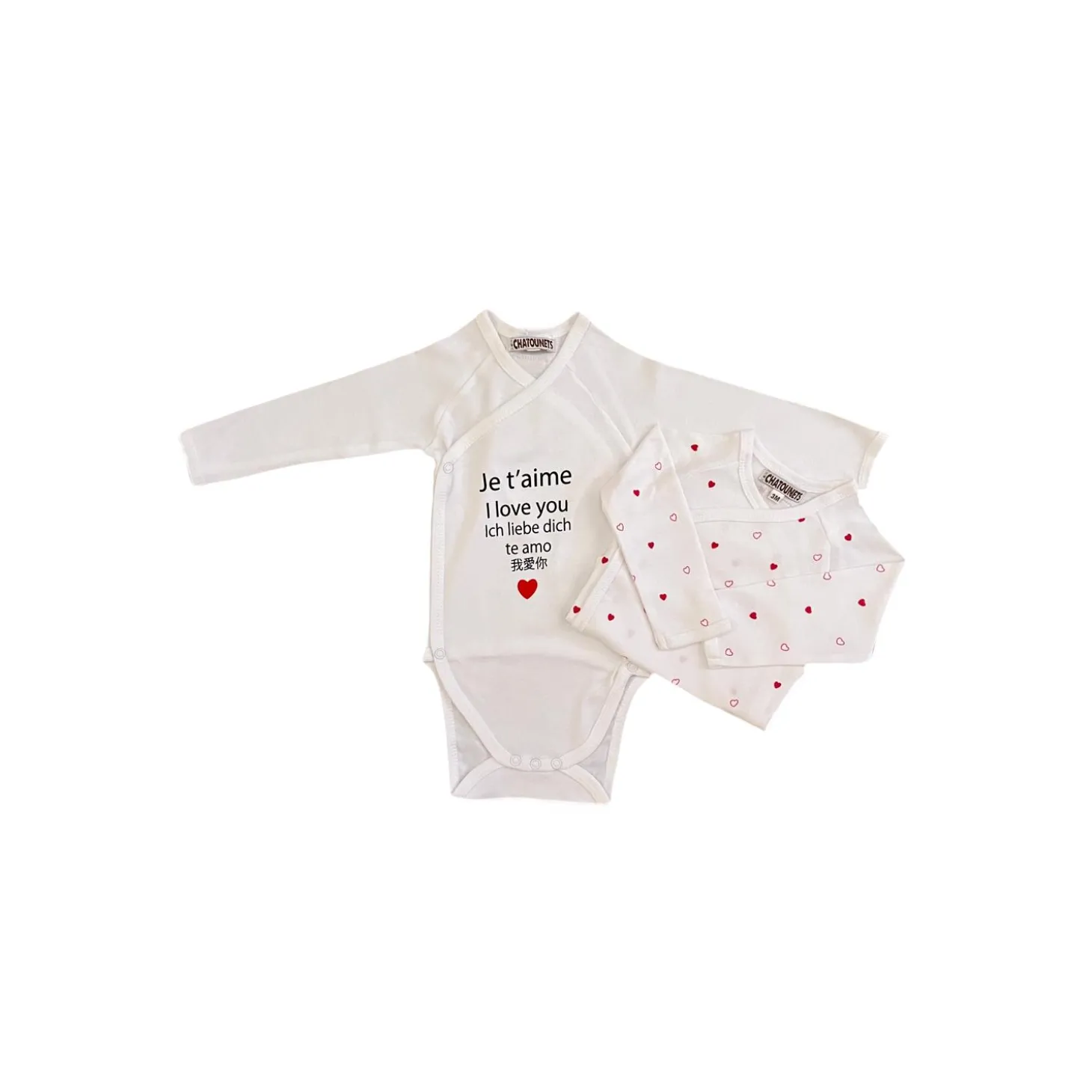 Les Chatounets Lot de 2 Bodys MC Cœur Blanc/Gris 0-6 mois