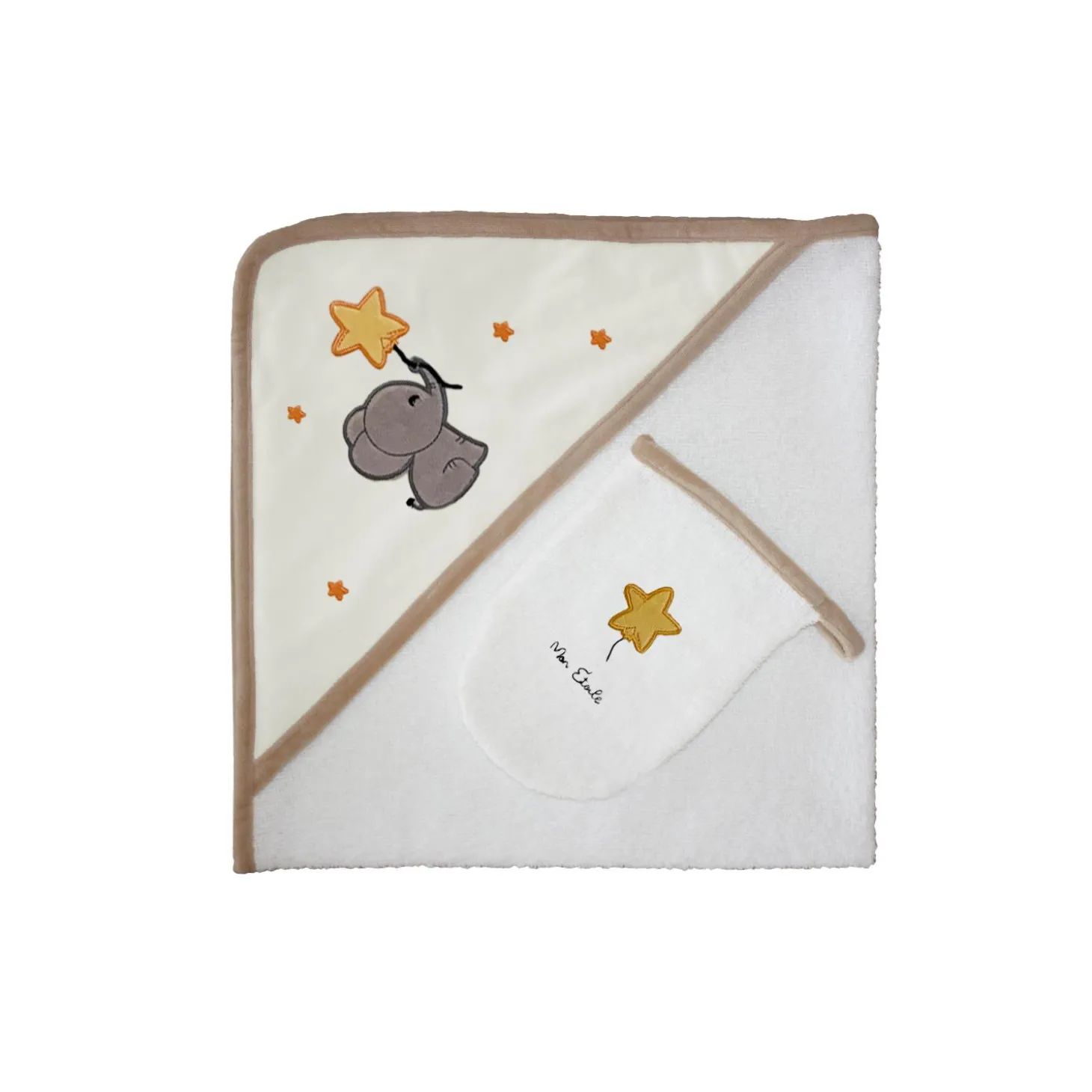 Les Chatounets Sortie de Bain et Gant Petit Eléphant Taupe 72x72 cm
