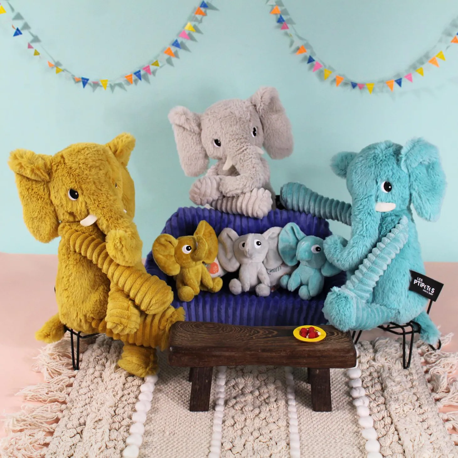 Les Déglingos Peluche Ptipotos Elephant Maman/Bebe Aqua