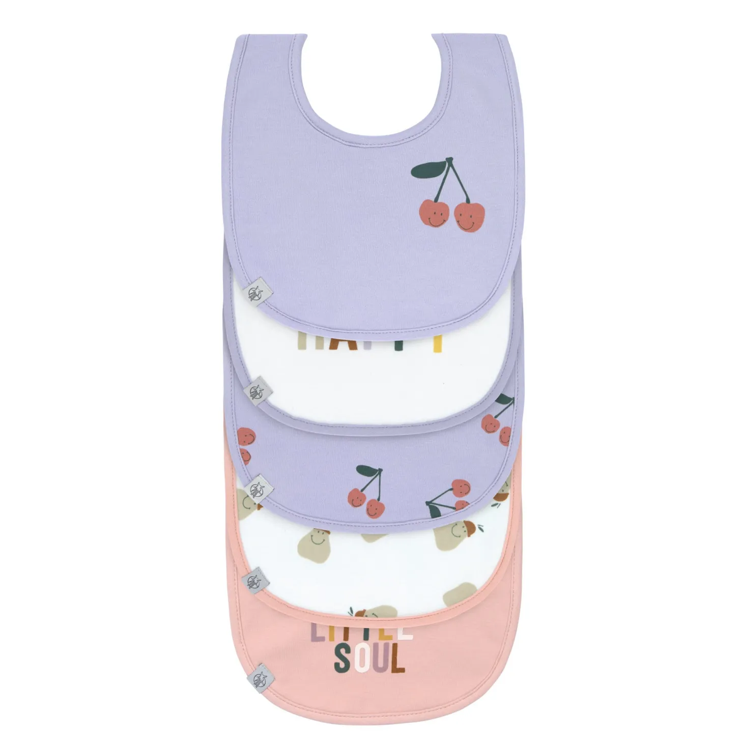 Lässig Lot de 5 bavoirs coton bio Happy Fruits Cerise Lilas/Pêche