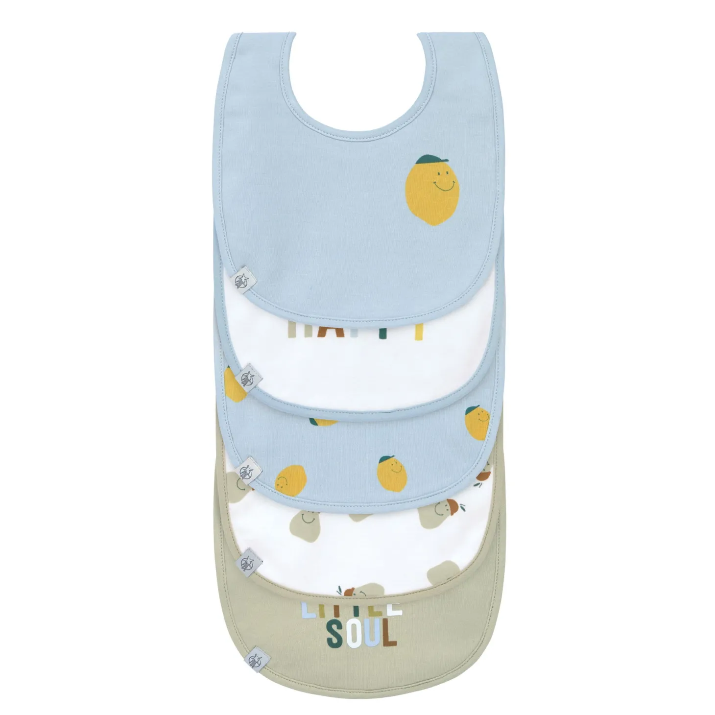 Lässig Lot de 5 bavoirs coton bio Happy Fruits Citron Bleu/Kaki Clair