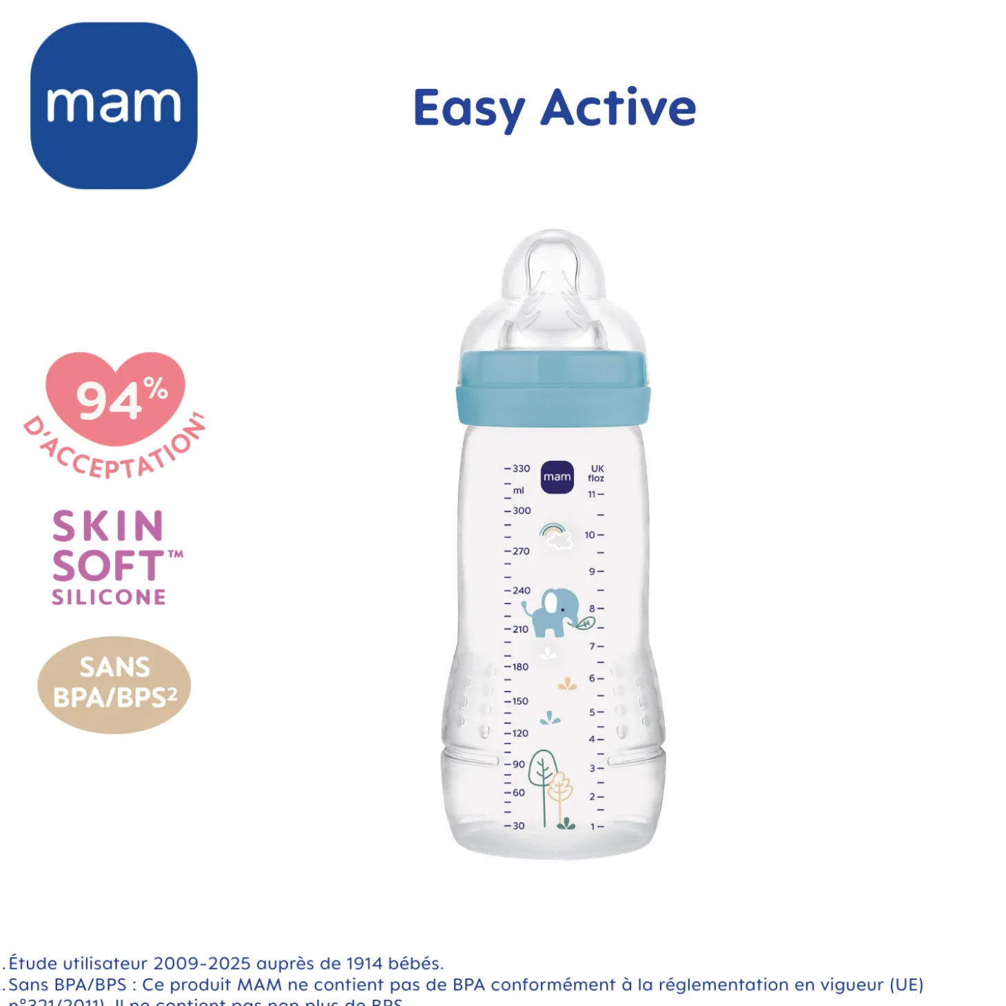 MAM BABY Biberon Easy Active Décoré Tétine Débit X Océan 330 ml