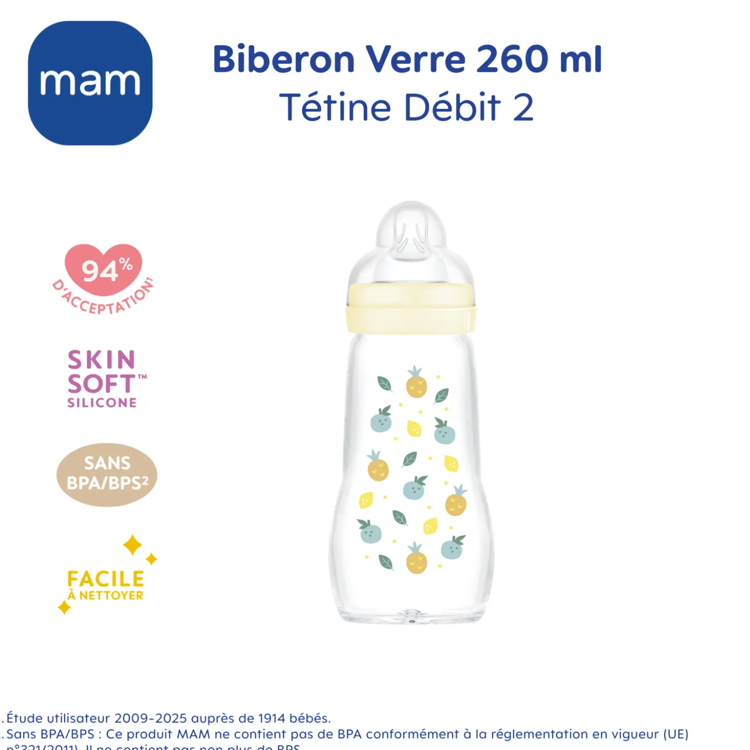 MAM BABY Biberon verre Blanc 260 ml