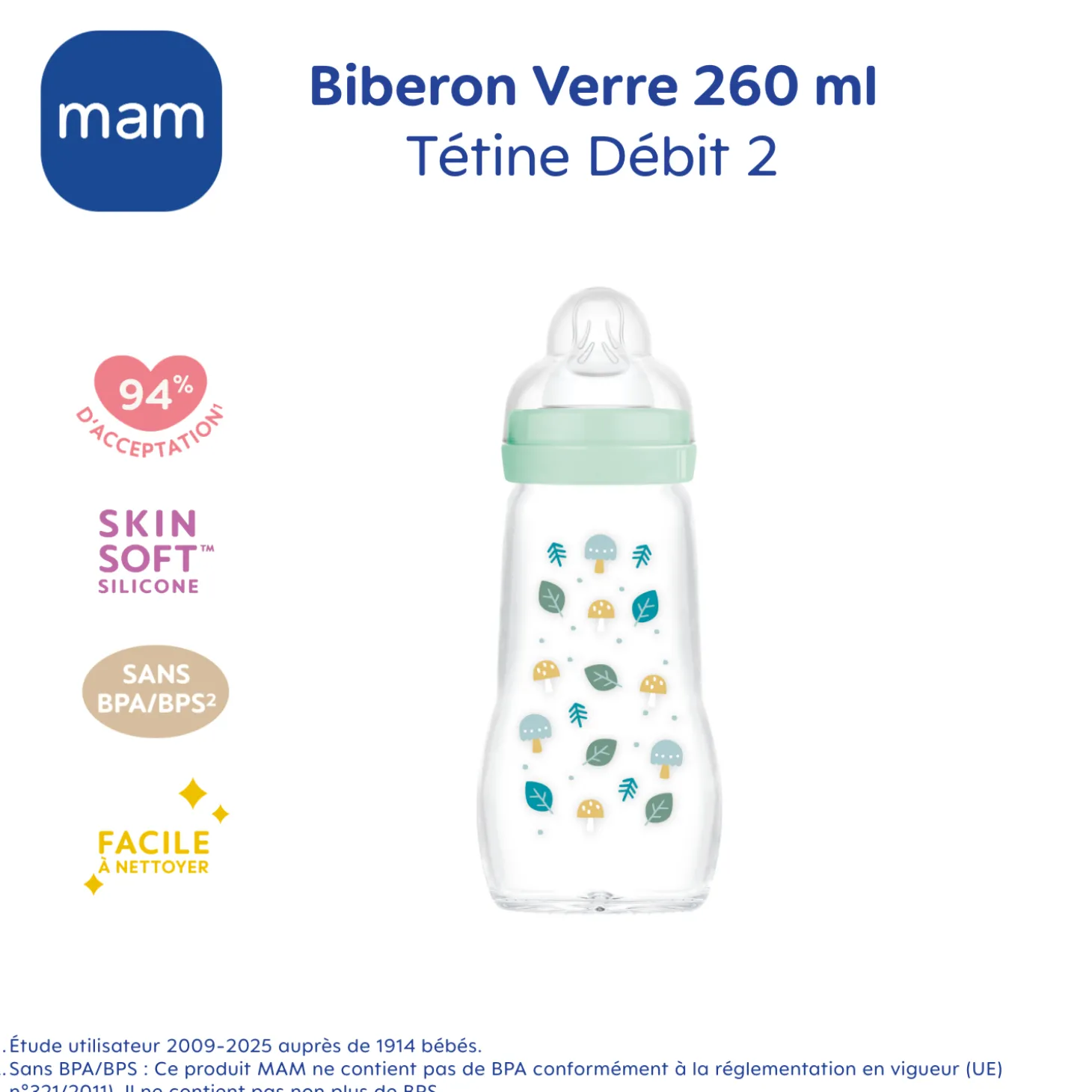 MAM BABY Biberon verre Bleu 260 ml