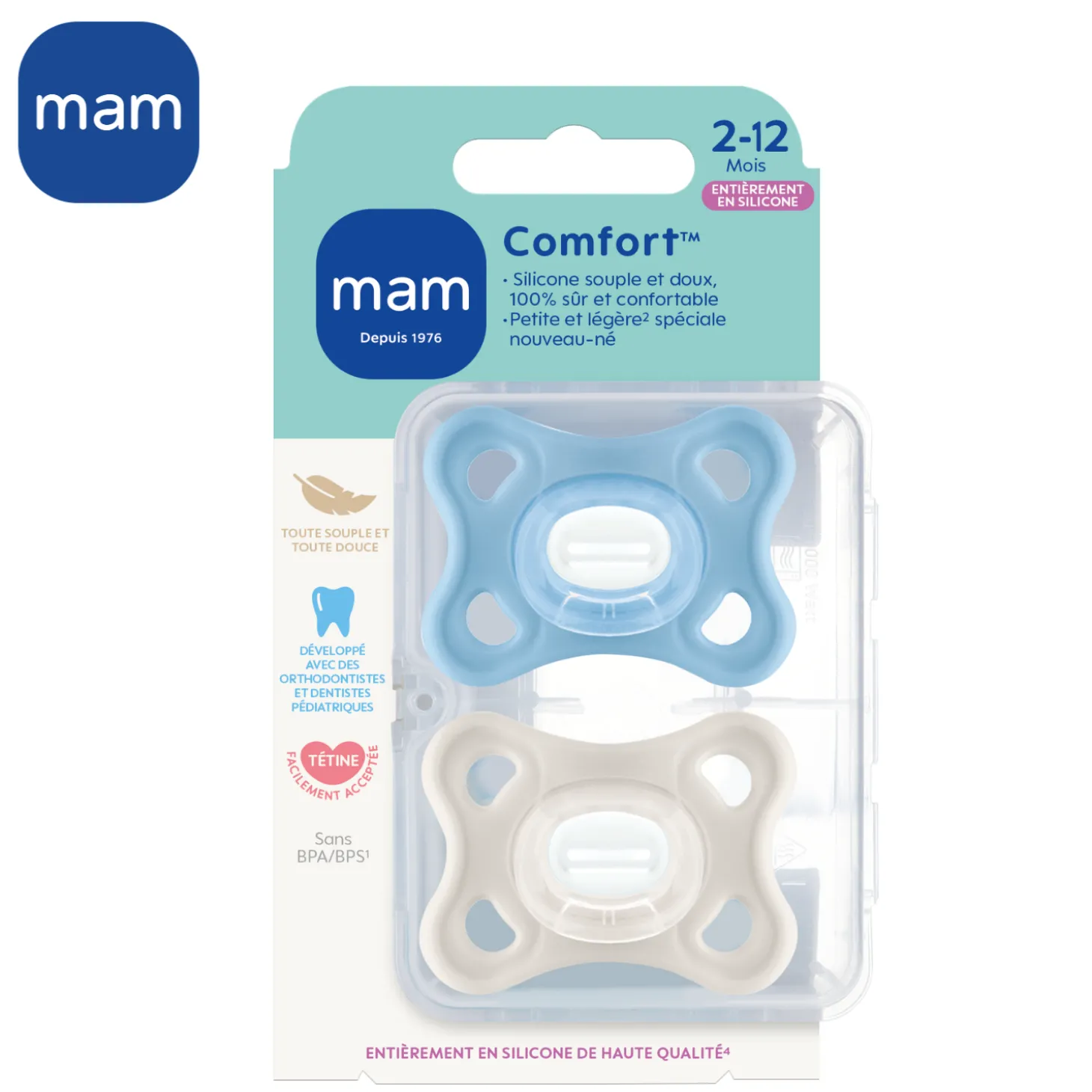 MAM BABY Lot de 2 Sucettes Comfort silicone Boîte de stérilisation Blanc 2 - 12 mois