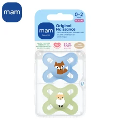 MAM BABY                    2 sucettes en silicone + boîte de stérilisation    Panaché            0-2 mois