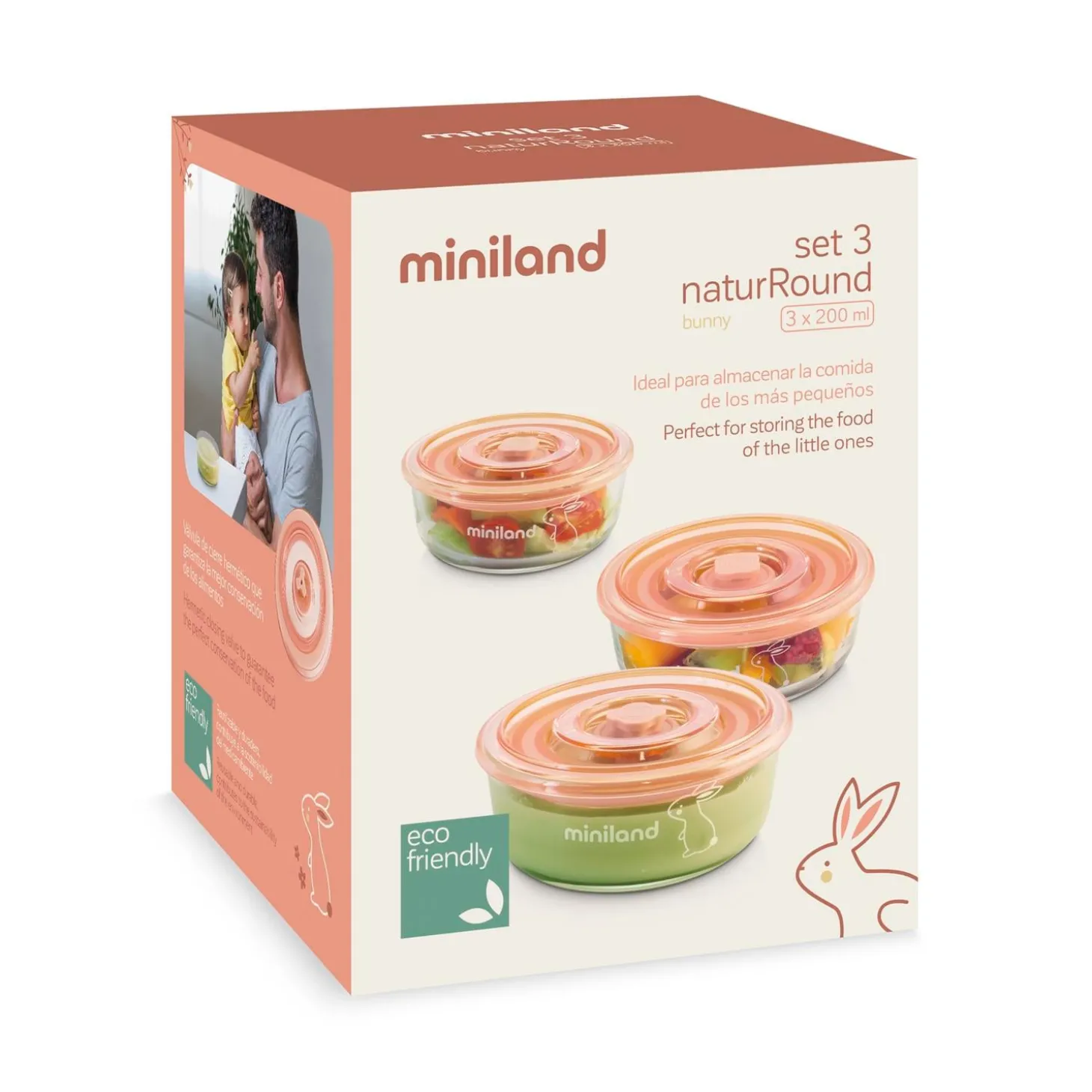Miniland Set de 3 pots de conservation en verre bunny Blanc