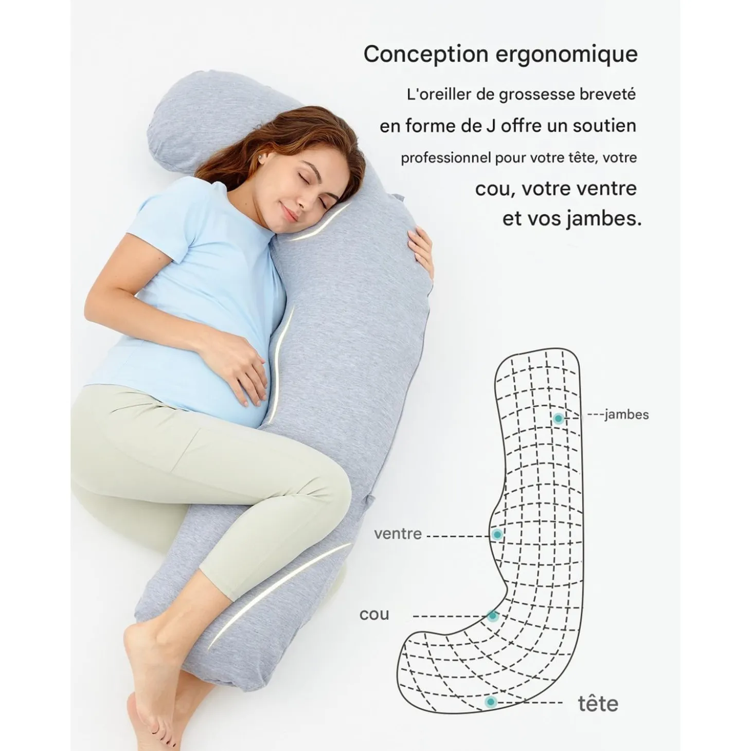 Momcozy Oreiller de grossesse en forme de J Gris