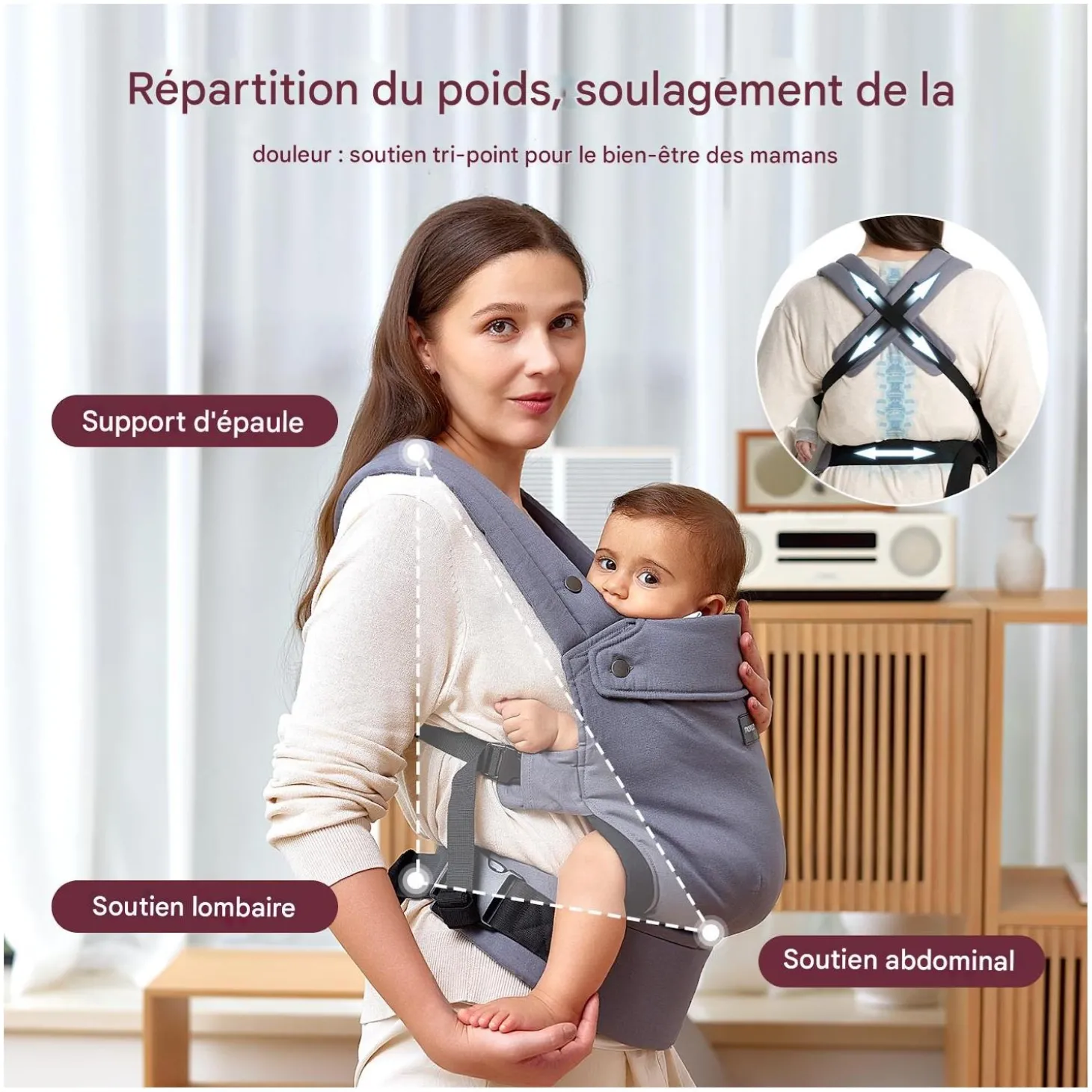 Momcozy Porte-bébé en coton Gris