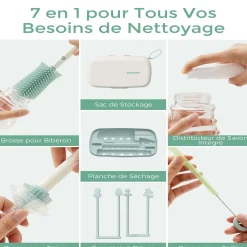 Momcozy Set de brosses de nettoyage de biberons 7-en-1 portable Blanc 7pièces