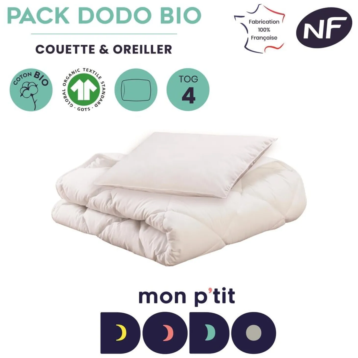 Mon P'tit Dodo Couette et oreiller en coton bio Blanc 100x140 cm