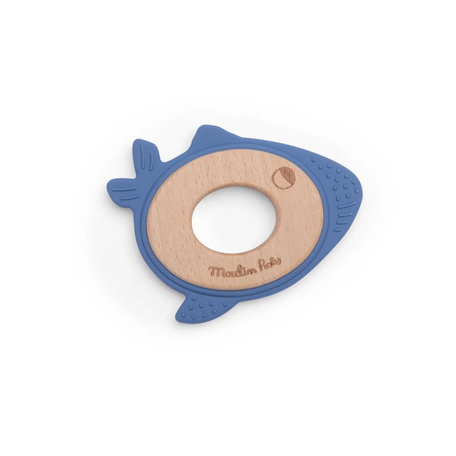Moulin Roty Anneau de dentition bois et silicone baleine Bleu