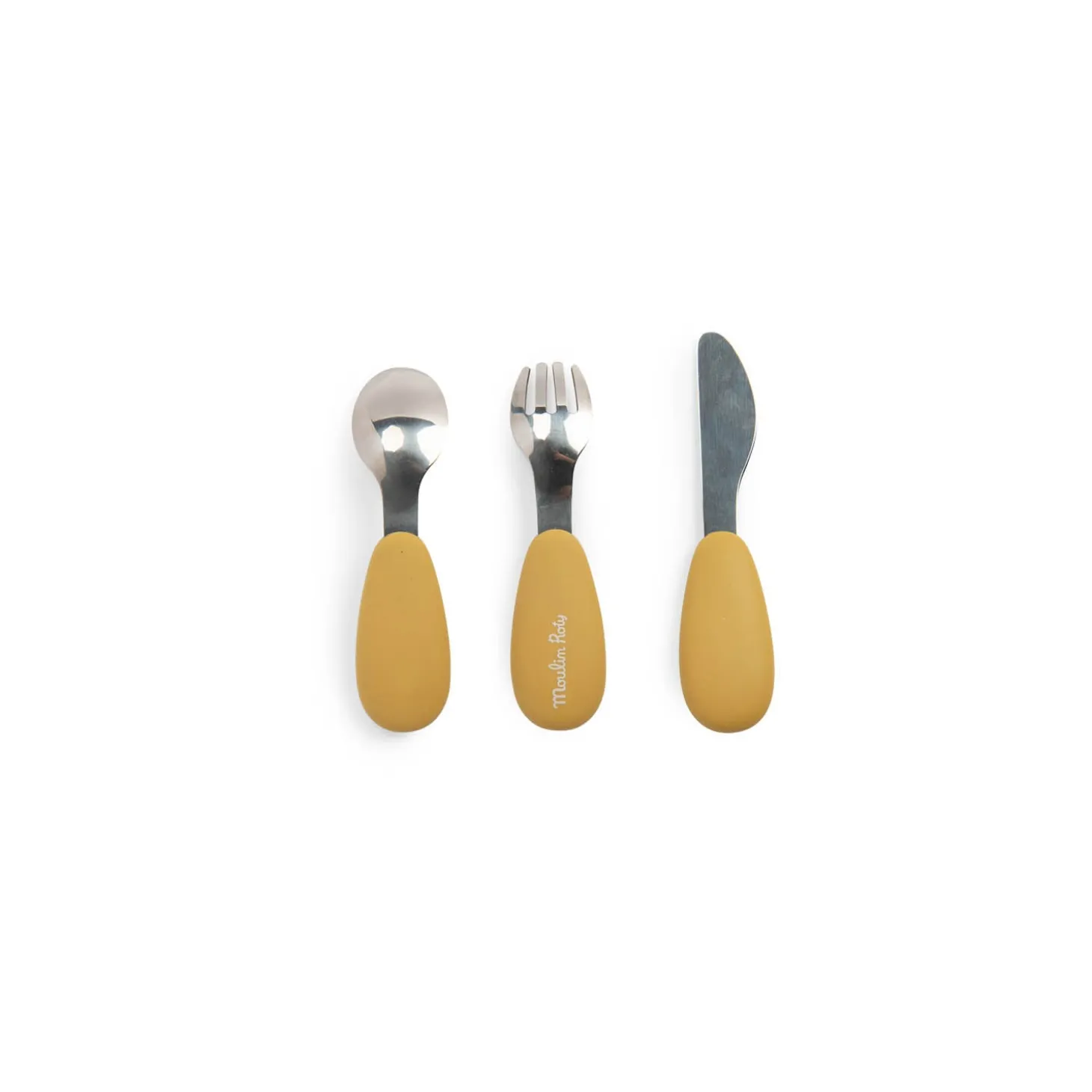 Moulin Roty Set couverts silicone Trois petits lapins Ocre