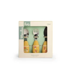 Moulin Roty Set couverts silicone Trois petits lapins Ocre
