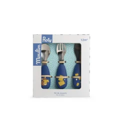 Moulin Roty                    Set couverts silicone Puce & Pilou    Bleu/Jaune