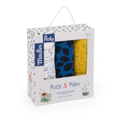 Moulin Roty Set de 3 langes imprimés chiens Puce & Pilou Multicolore