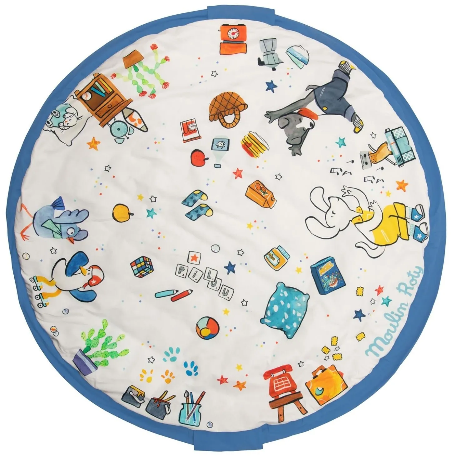 Moulin Roty Tapis de jeu /sac de rangement soft Puce & Pilou Bleu Et Blanc