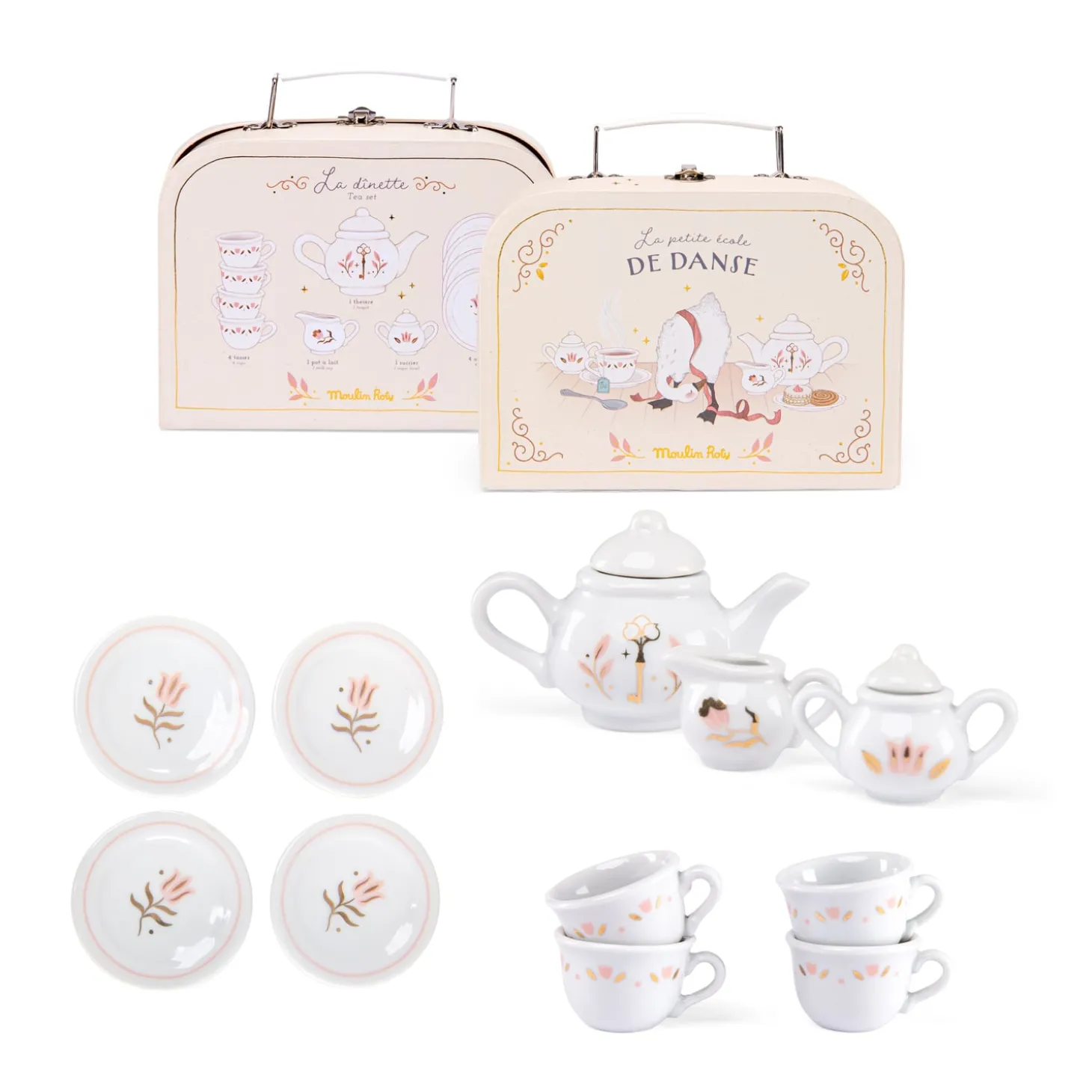 Moulin Roty Valise dînette thé porcelaine La petite école de danse Crème/rose