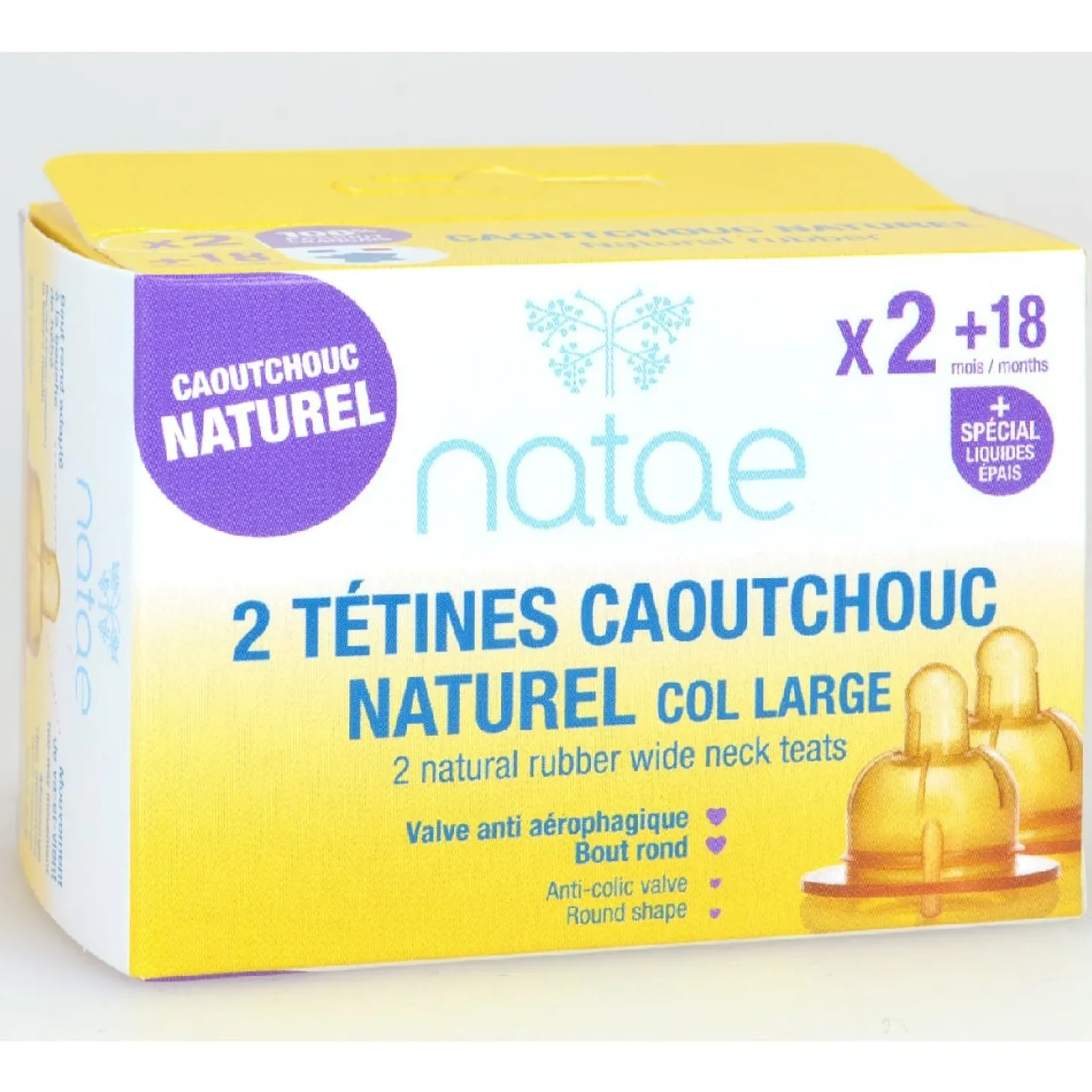 Natae Tétines caoutchouc Nataé déb 3 + liquide épais 18 mois+
