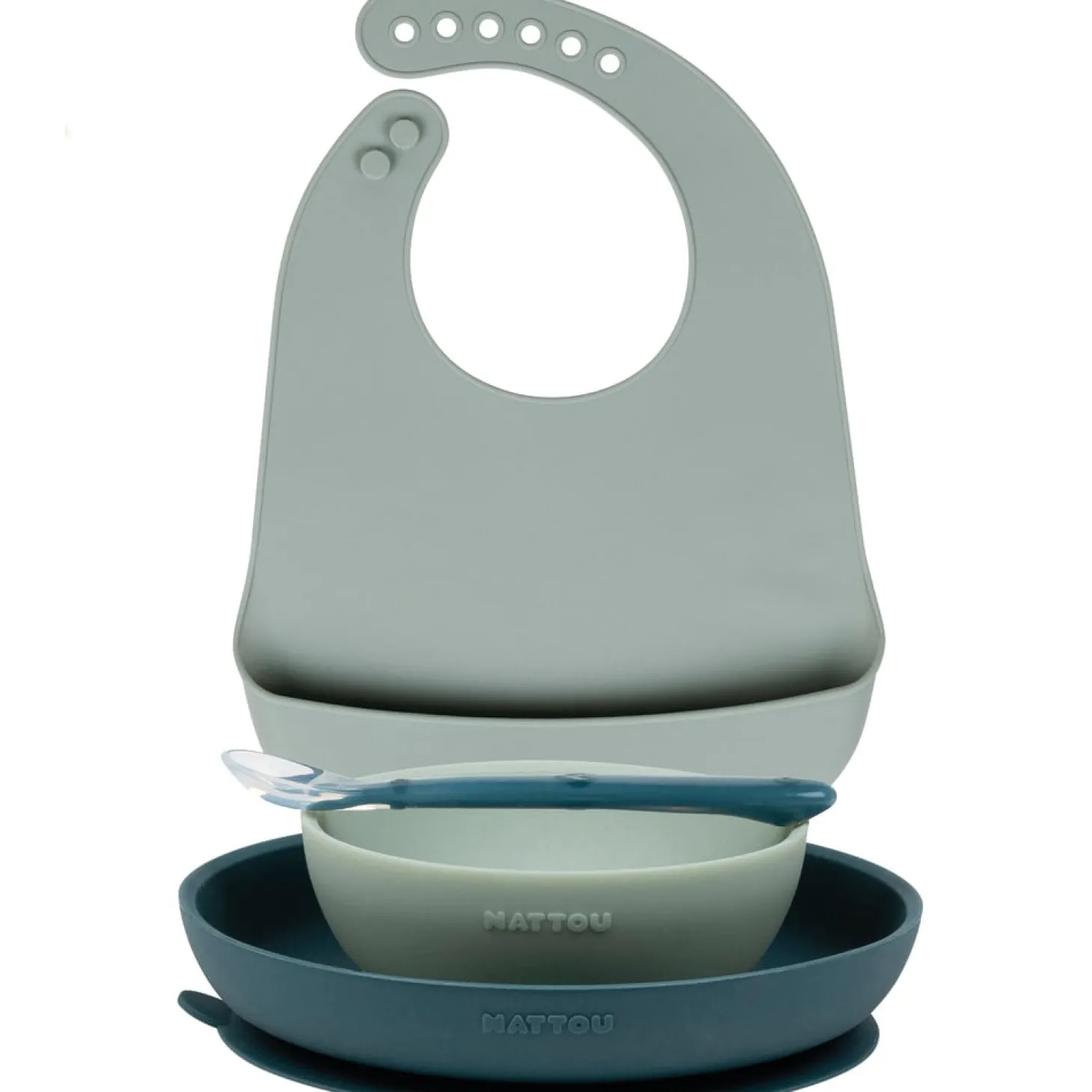 Nattou Coffret de repas silicone 4pc avec bavoir Vert