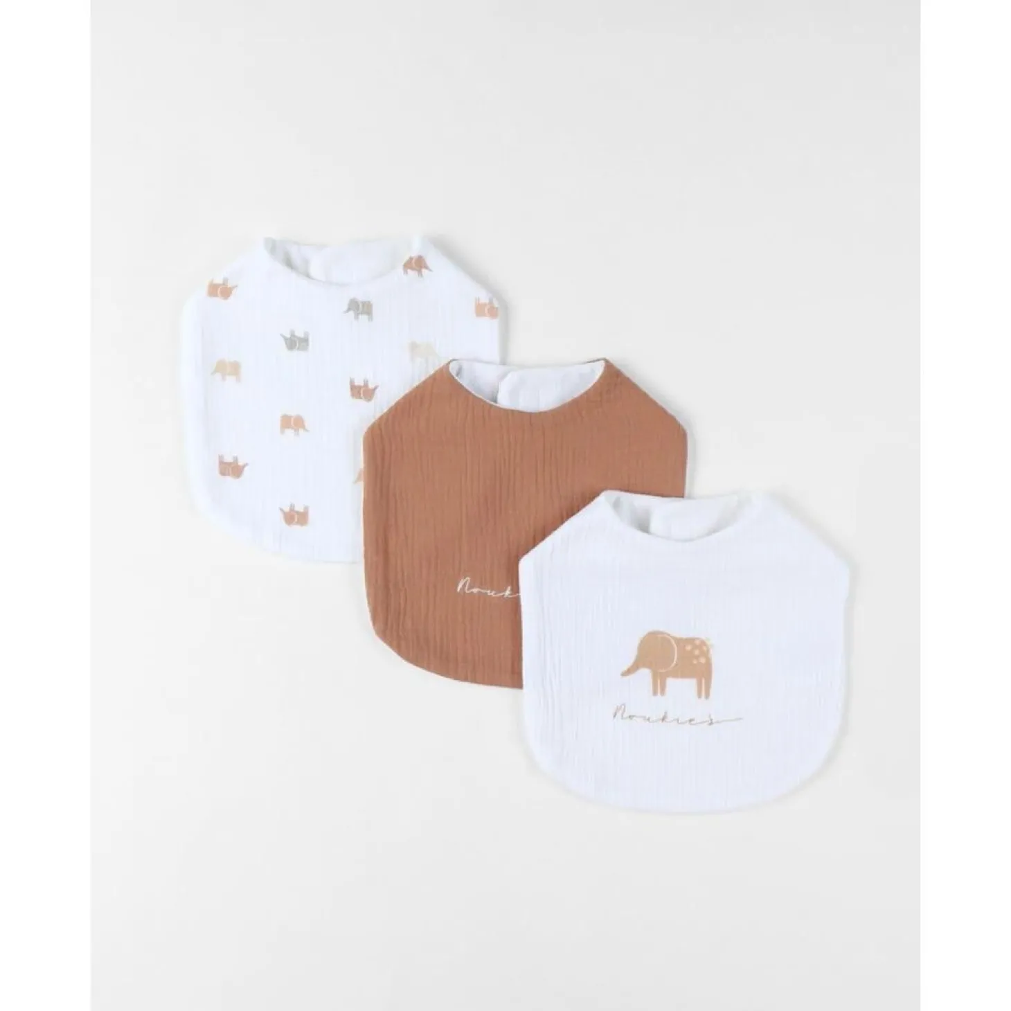 Noukie's Set 3 bavoirs mousseline M&m25 Elephants Blanc 20x35 cm