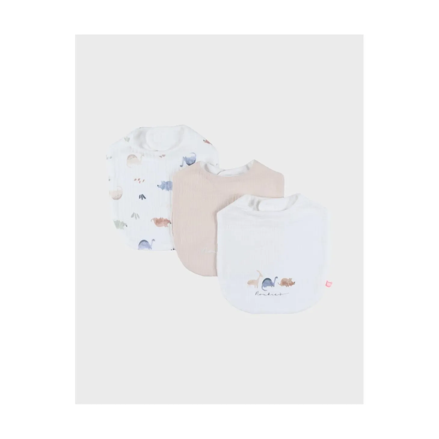 Noukie's Set 3 bavoirs Mousseline bio Dinos M&M26 Beige / Blanc / Bleu