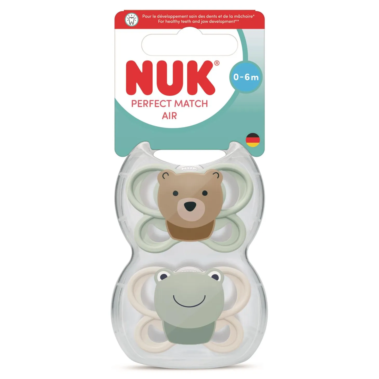 Nuk 2 Sucettes Perfect Match Air Grenouille/Ours 0-6 mois