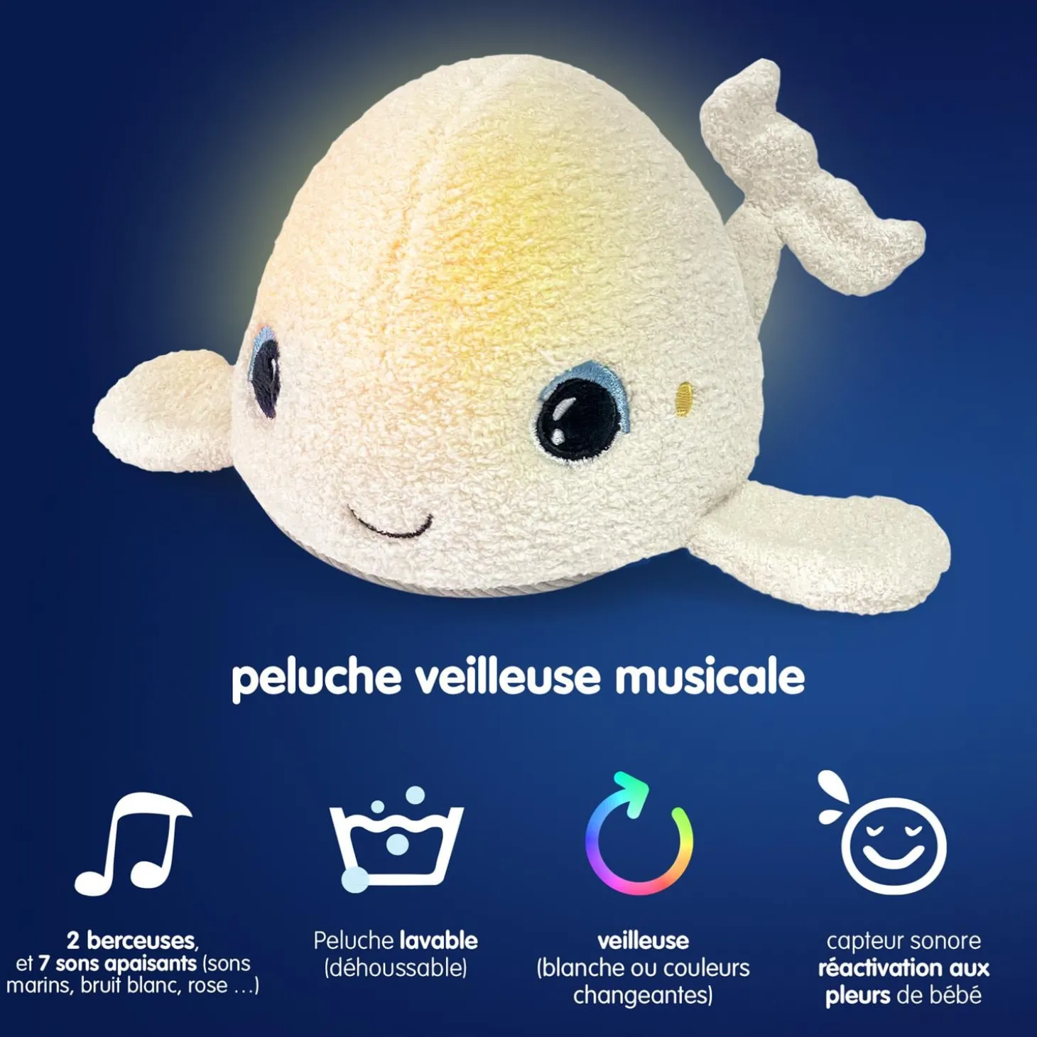 Pabobo Peluche veilleuse Béluga bruits blancs et roses