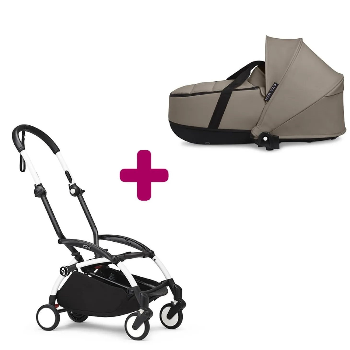 Pack chassis poussette YOYO³ Blanc + nacelle YOYO³ Taupe de Stokke