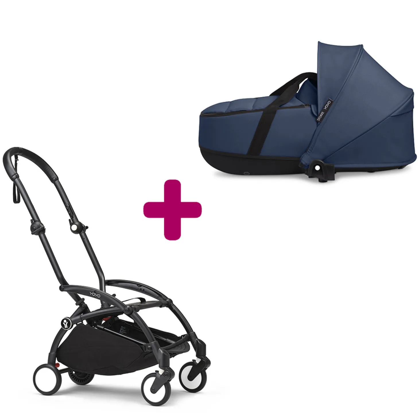 Pack chassis poussette YOYO³ Noir + nacelle YOYO³ Bleu Marine de Stokke