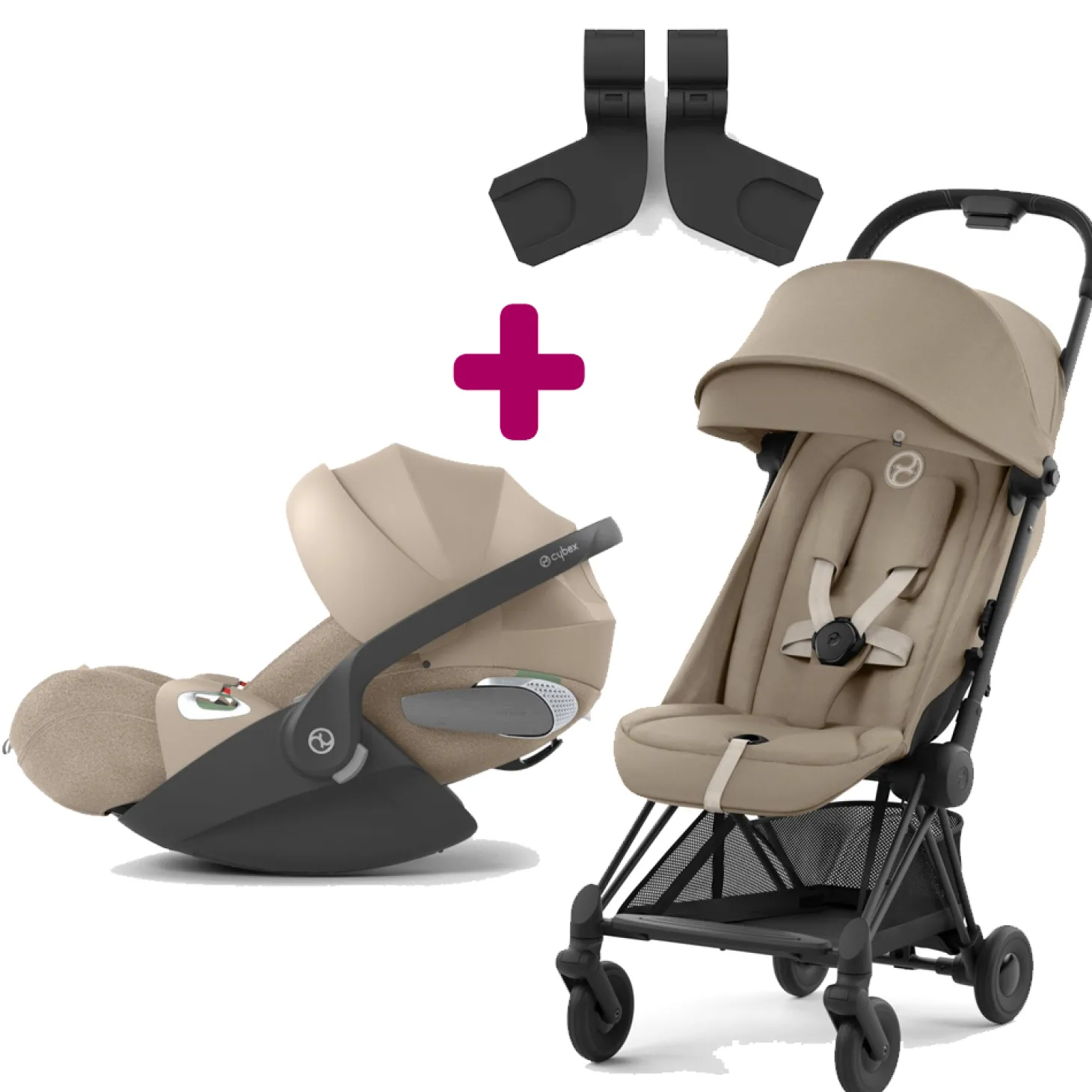 Pack Poussette Duo Coya Châssis Matt Black et Siège Cozy Beige + adaptateurs + coque Cloud T i-size Cozy Beige de Cybex
