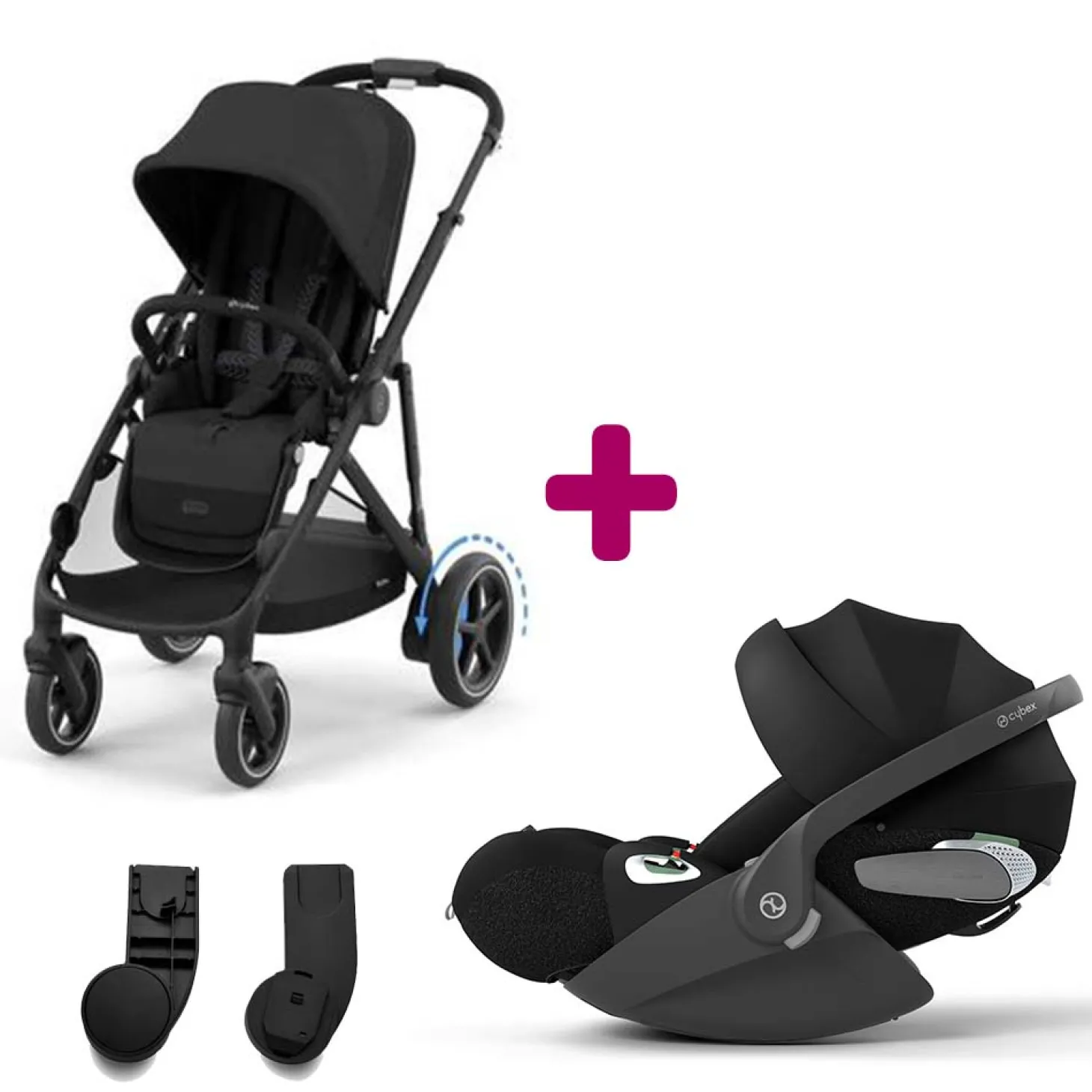 Pack Poussette duo eGazelle Chassis Black / Siège Moon Black + adaptateurs coque + coque Cloud T Sepia Black de Cybex
