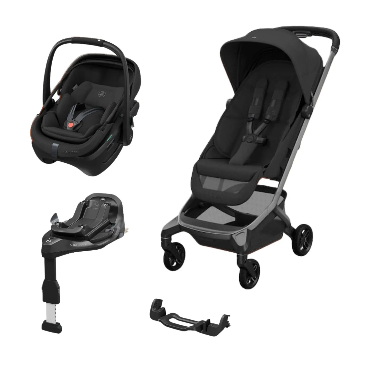 Pack Poussette Duo Fame Cabin Onyx Black + adaptateurs coque Coral + coque Coral Onyx Black + base de Maxi Cosi
