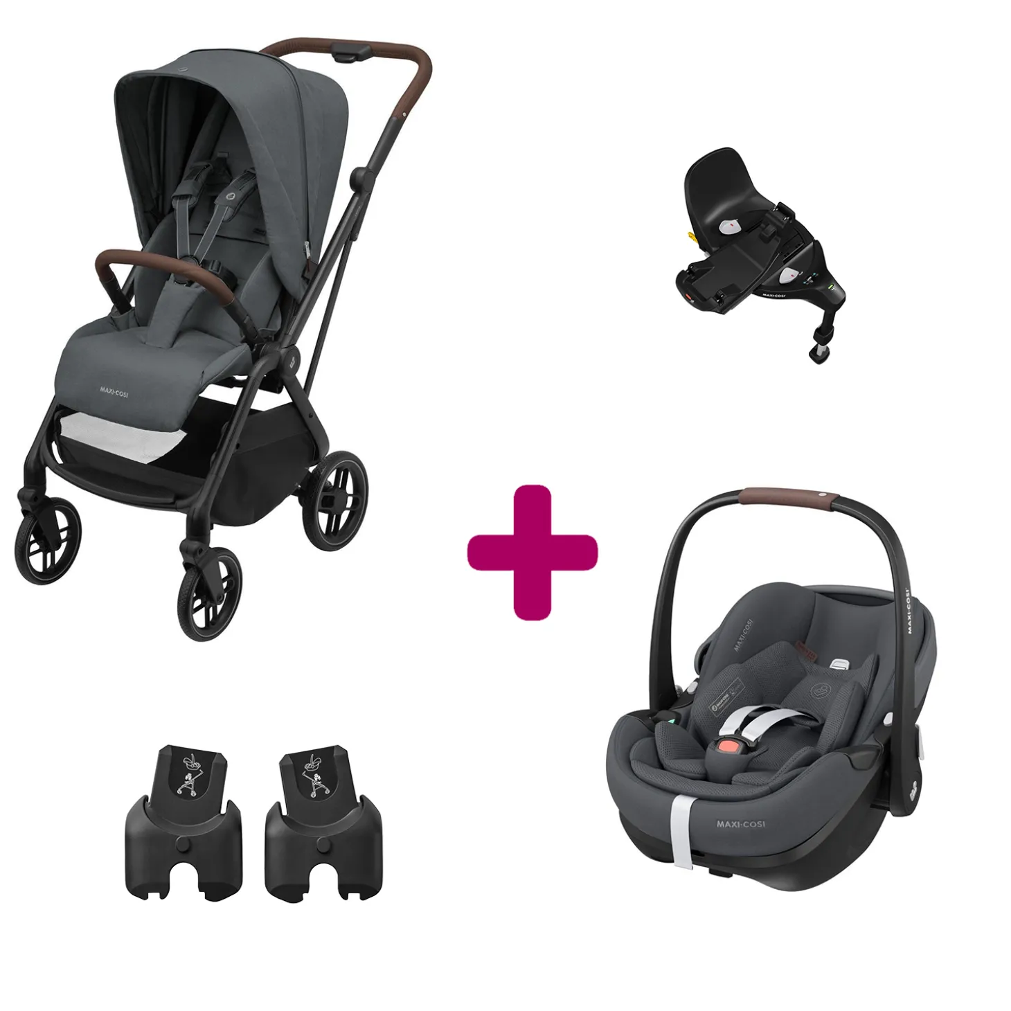 Pack Poussette Duo Léona 2 Twillic Graphite + adaptateurs coque + coque Pebble 360 pro 2 + base Familyfix 360 pro de Maxi Cosi